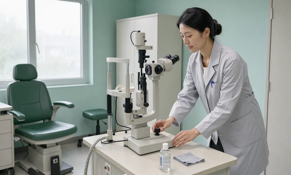 A technician checks an unoccupied slit-lamp instrument in a pale green examination room