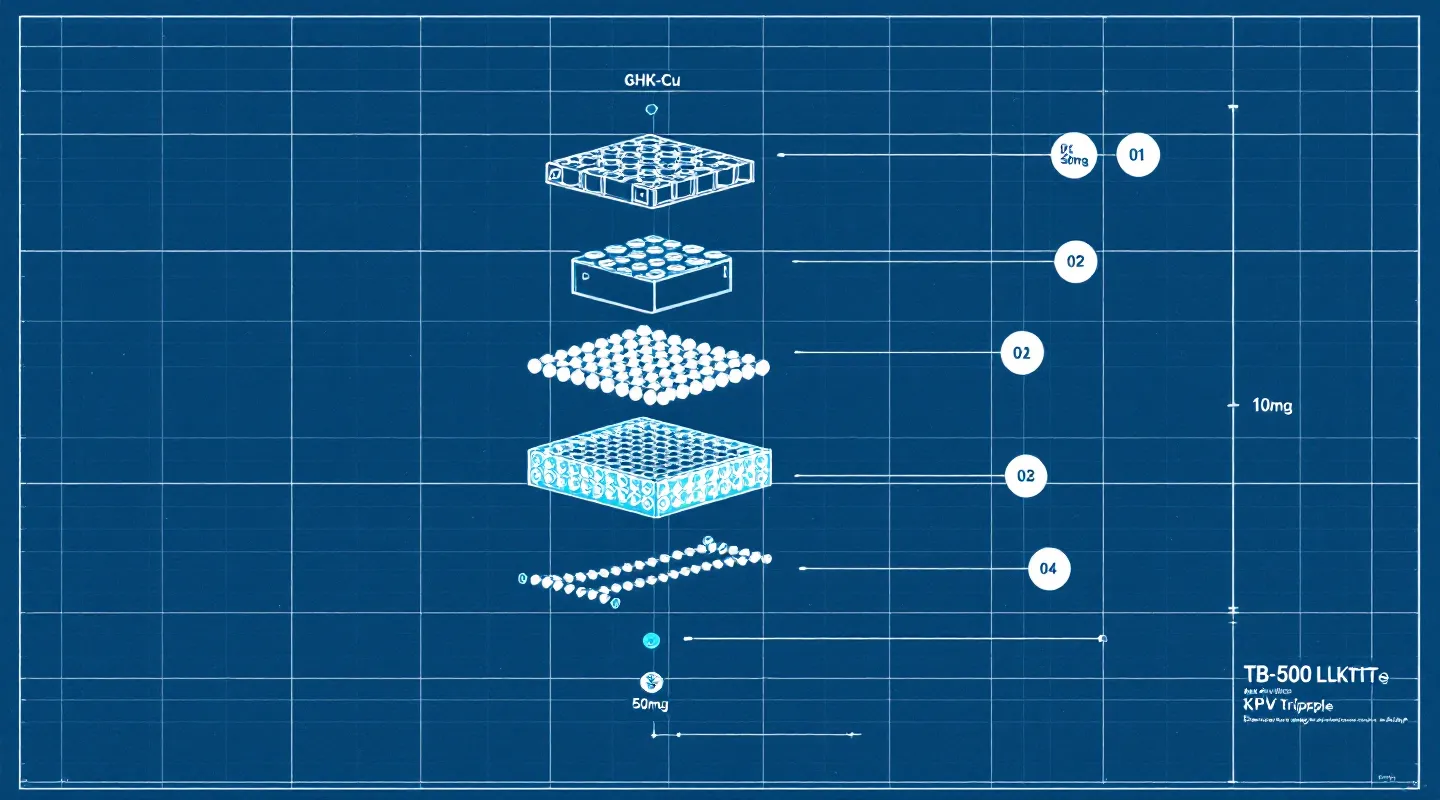 Blueprint-style exploded assembly drawing of the four KLOW peptide components with mass-ratio dimension lines and numbered callout balloons