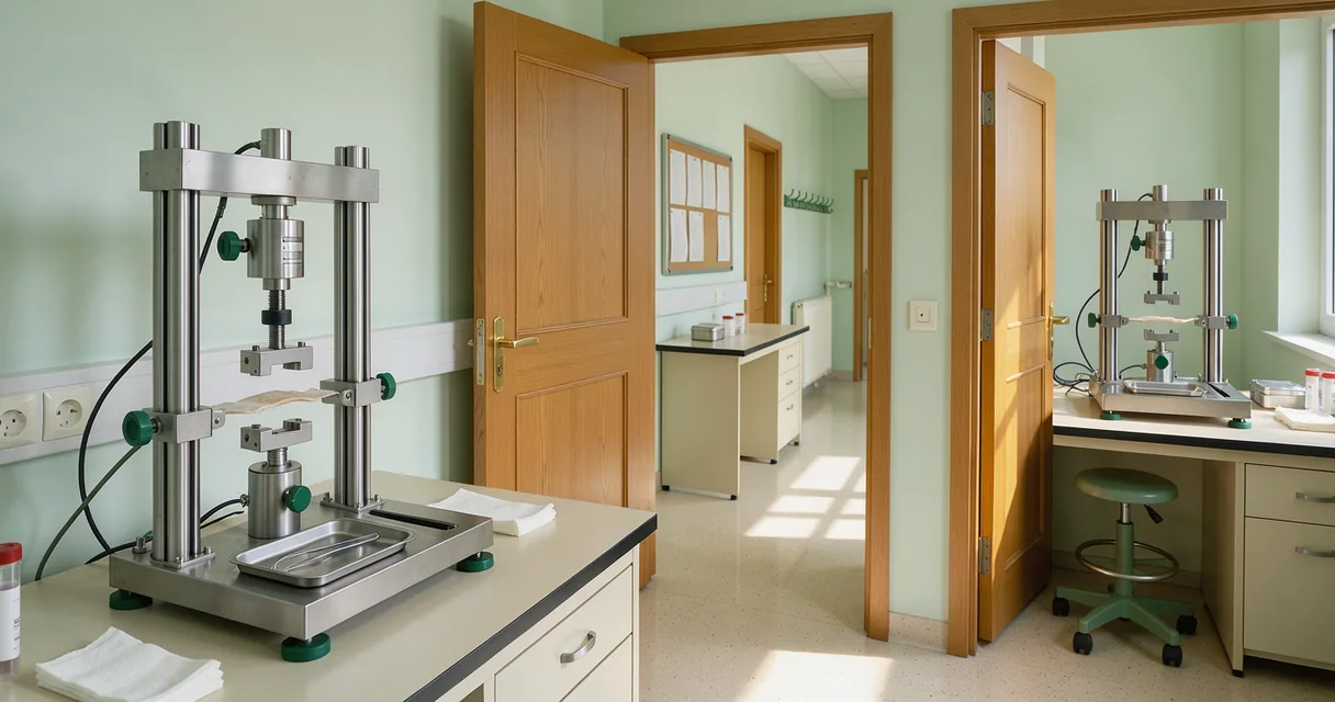 Matched tissue-testing apparatus seen through the open doors of separate bright laboratory rooms