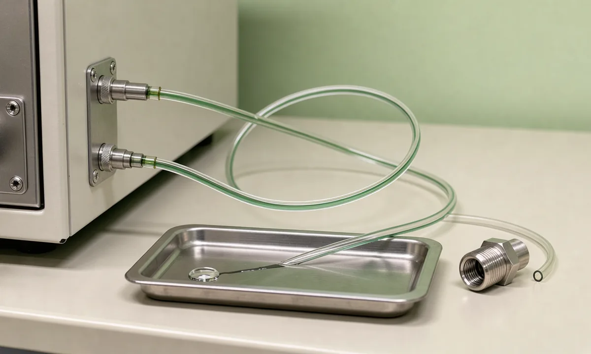 Chromatography tubing and a metal sample tray beside a laboratory instrument