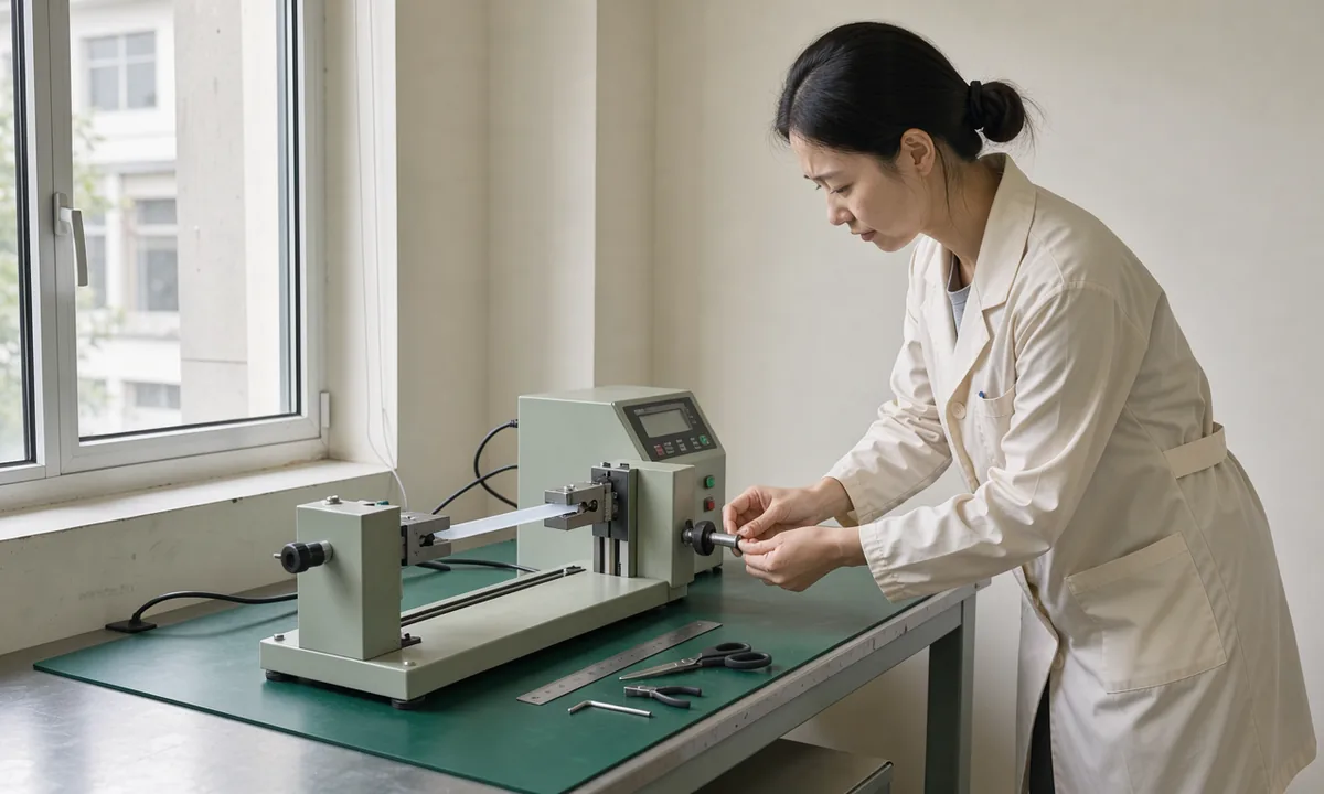 An adult technician adjusts a tensile testing machine holding a pale flexible strip